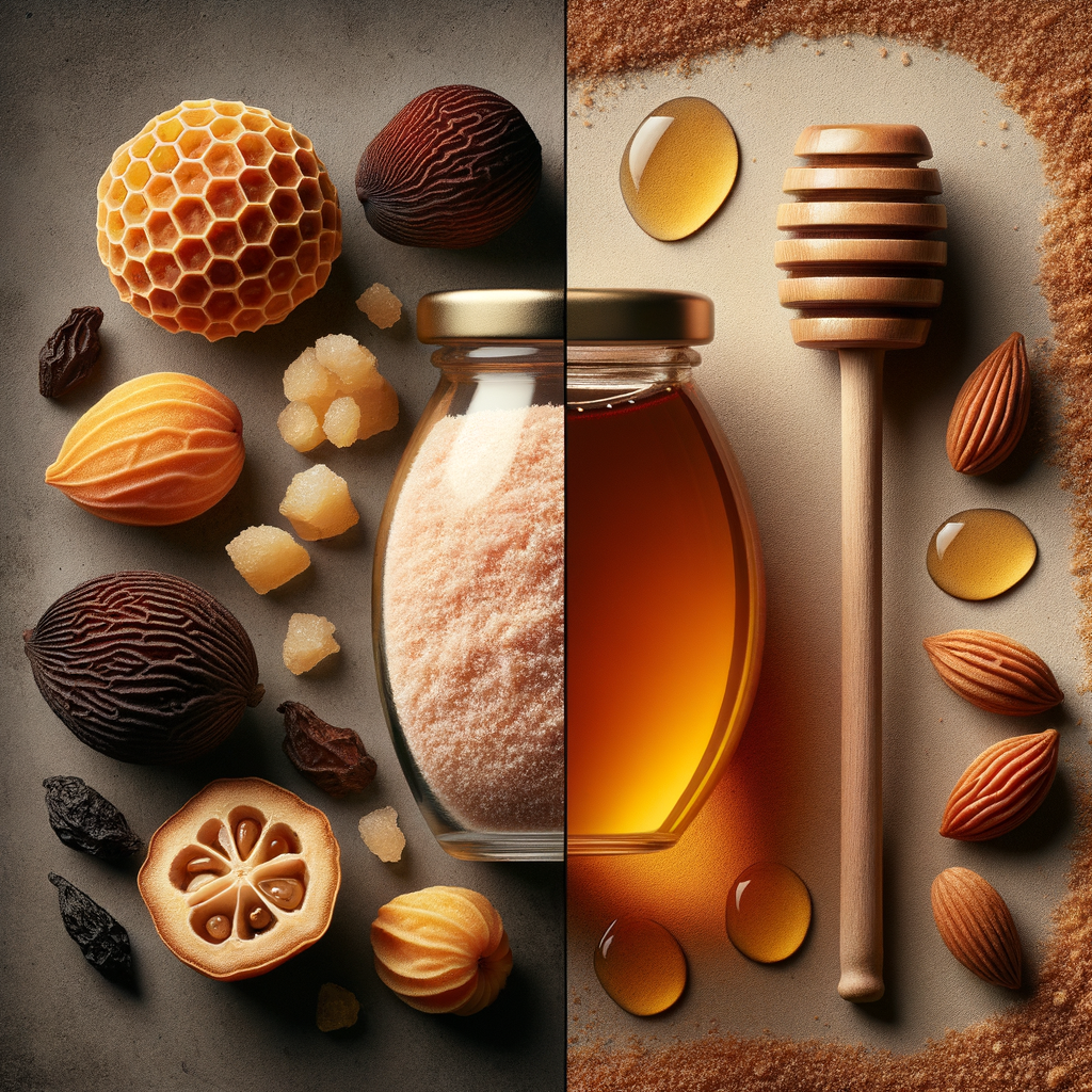 Image comparing monk fruit and honey, highlighting monk fruit vs honey sweetener comparison and benefits.