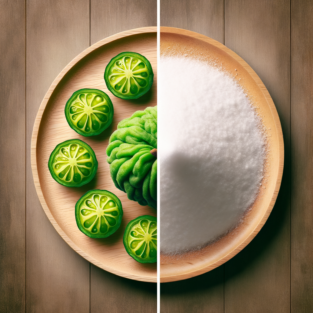 Wooden plate with monk fruit slices on one side and a pile of sucralose on the other, illustrating monk fruit vs sucralose comparison.