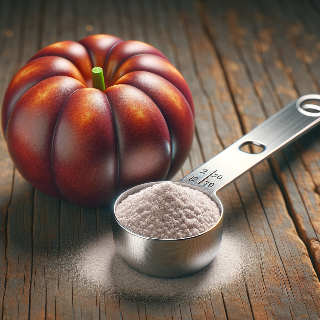 Monk fruit with measuring spoon of natural sweetener on wooden table