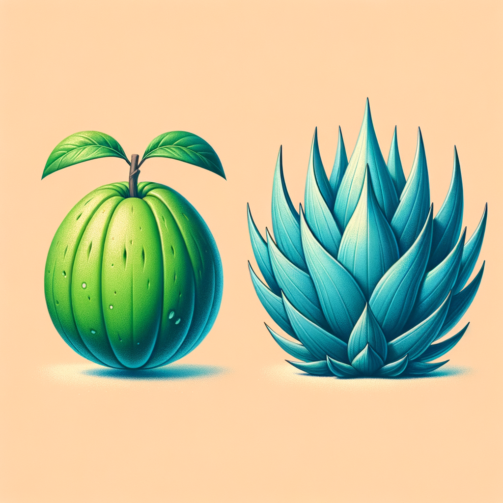 Illustration of monk fruit vs agave sweetener comparison showing monk fruit and agave plant side by side.