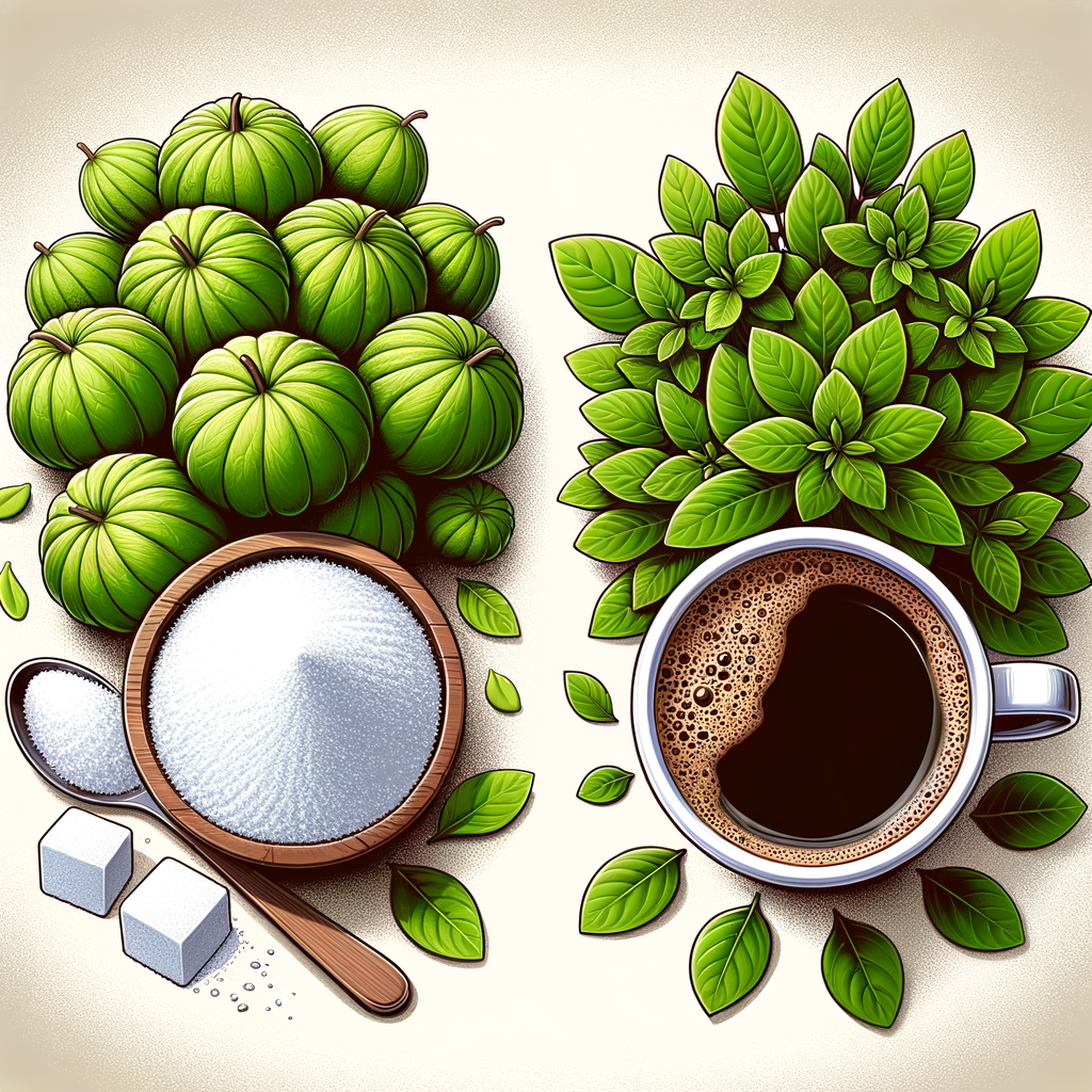 Illustration of monk fruit vs stevia coffee sweetener with coffee cup, sugar and green leaves for comparison.