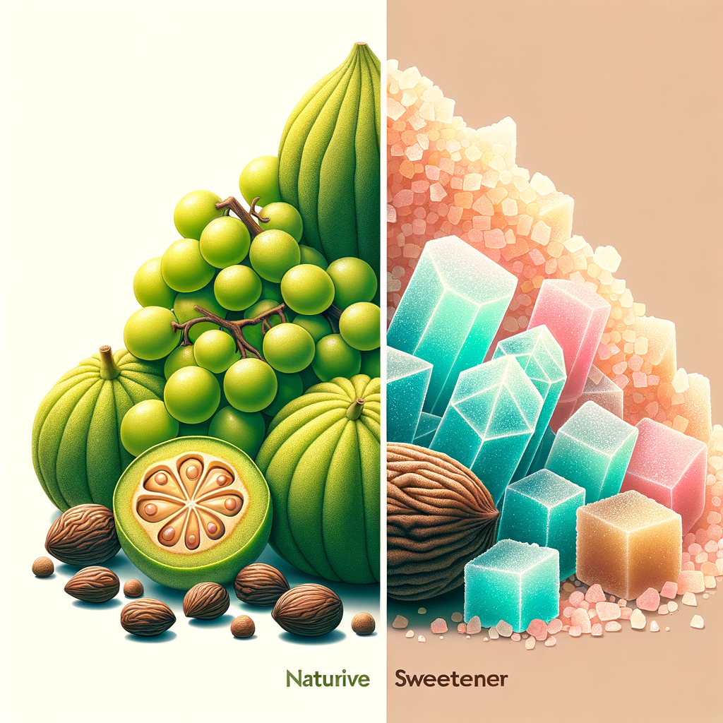 Illustration of monk fruit vs allulose with fruits and sweetener cubes.