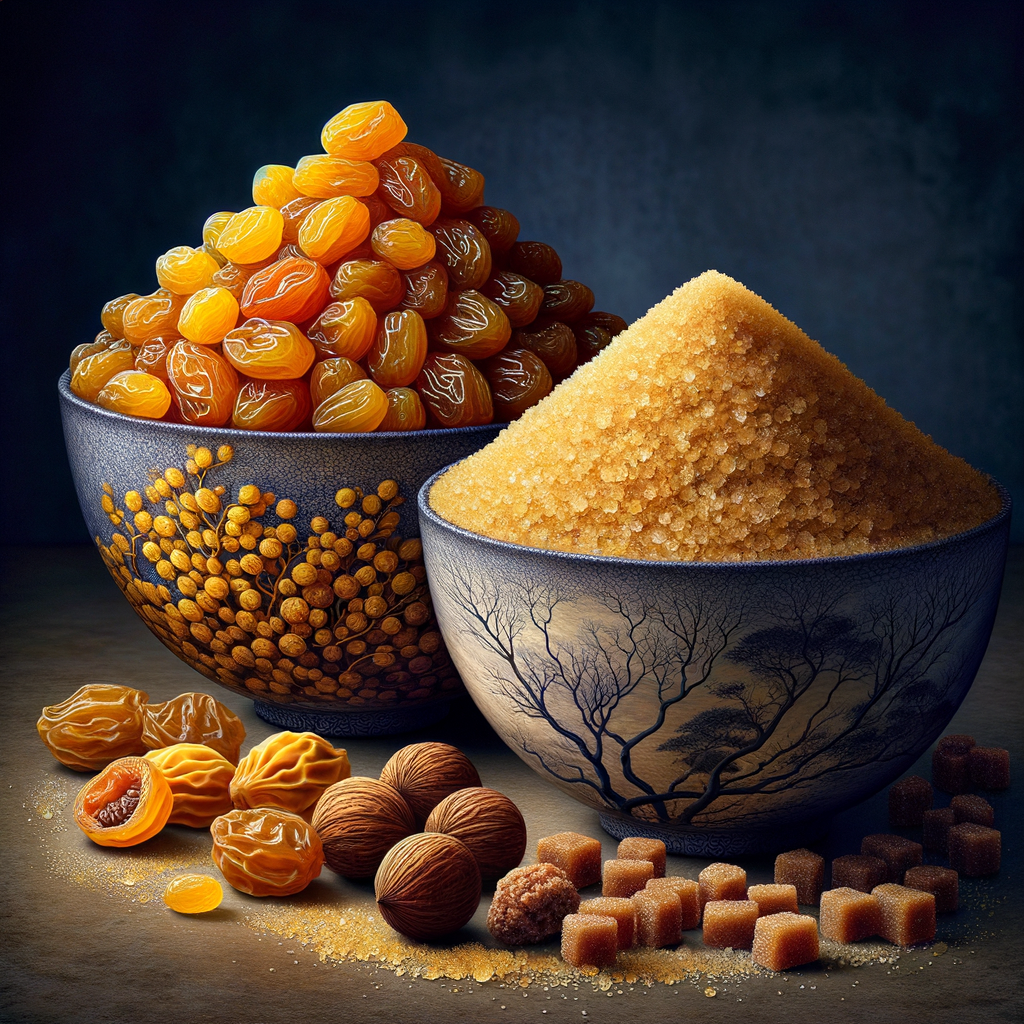 Two decorative bowls filled with dried fruits and brown sugar next to nuts, illustrating monk fruit vs coconut sugar comparison.