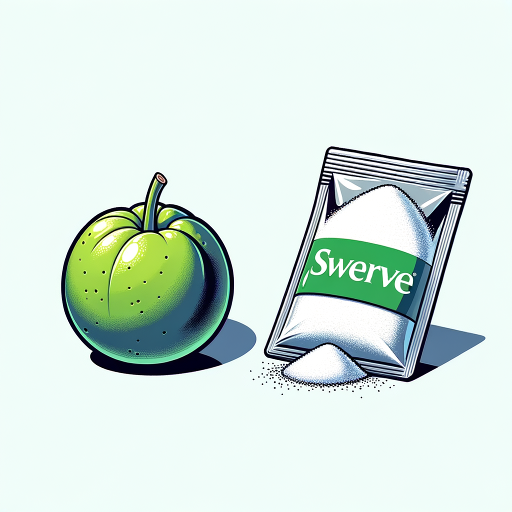 Monk fruit vs Swerve comparison: illustration of a monk fruit and Swerve sweetener packet side by side.