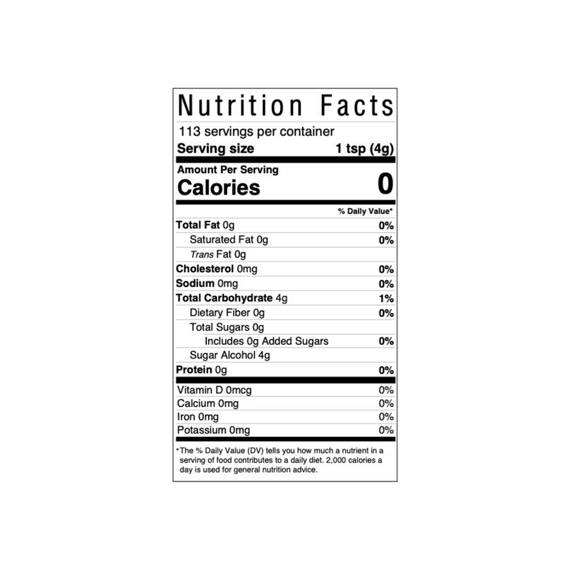 Nutrition facts label for MonkVee® Original Monk Fruit Sweetener, showing zero calories and ingredients.
